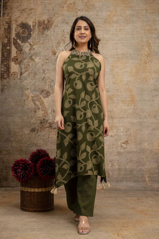 Cotton Bandhej HalterNeck Coordset-Green color