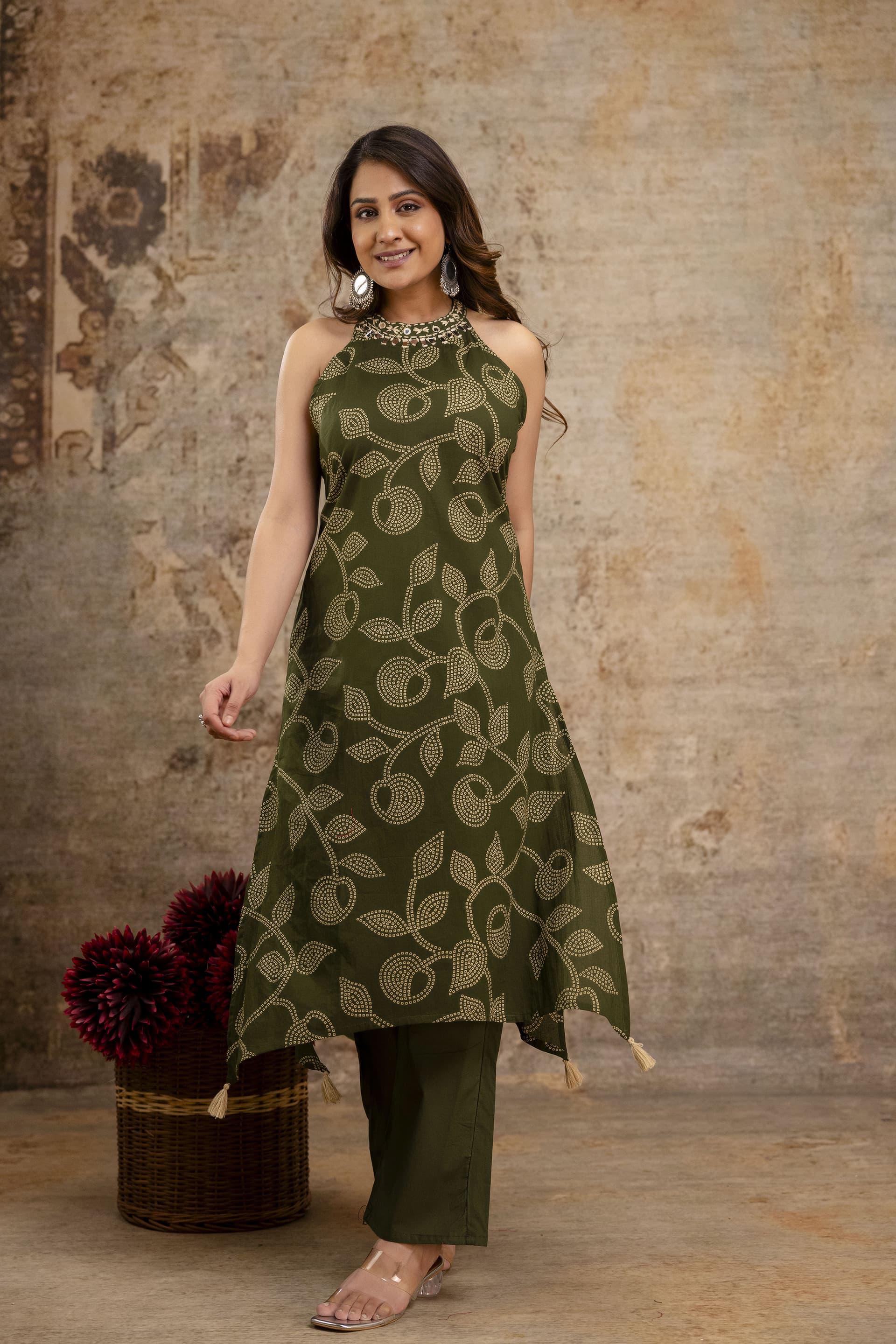 Cotton Bandhej HalterNeck Coordset-Green color