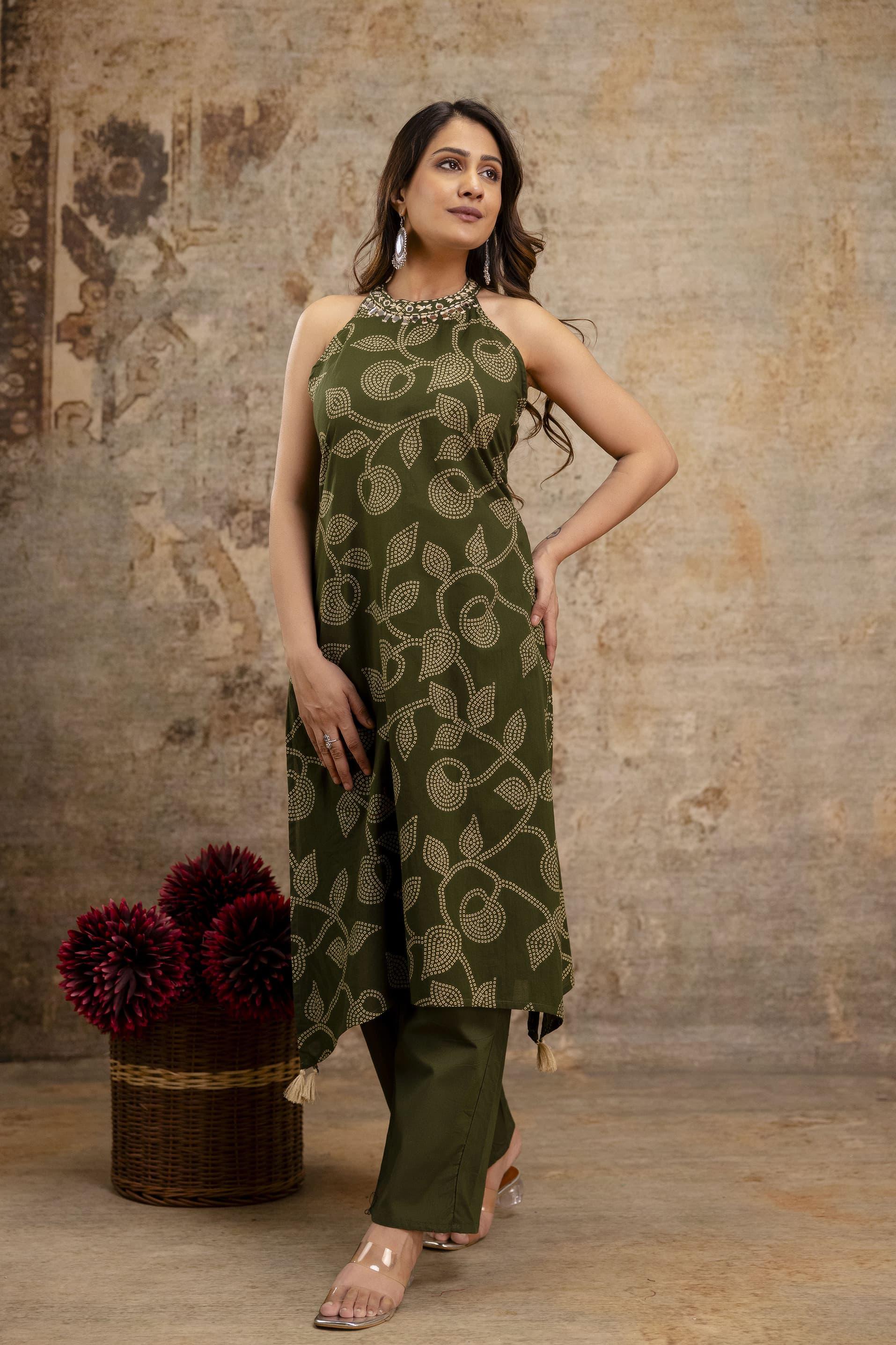 Cotton Bandhej HalterNeck Coordset-Green color