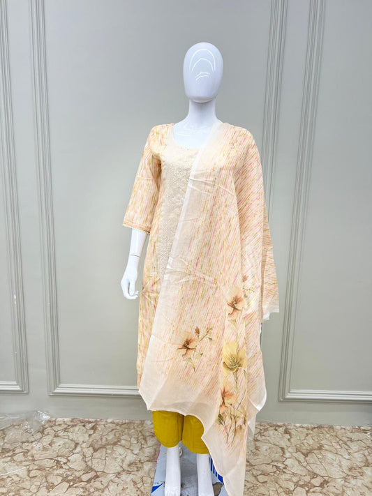 Pure Linen Cotton Thread Work 3pc Set Off White Color Yellow Bottom