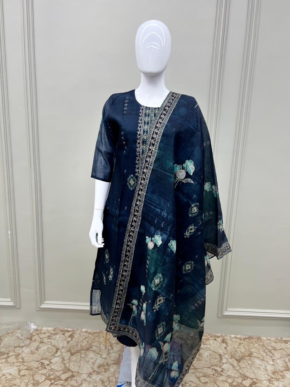 Pure maheshwari Silk Jari Sequence Work 3pc Set Dark Blue Color
