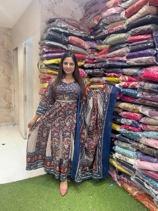 Pure Jaipuri Cotton Anarkali Kalamkaari Print Cutdana Handwork 3Pc Set Blue Color