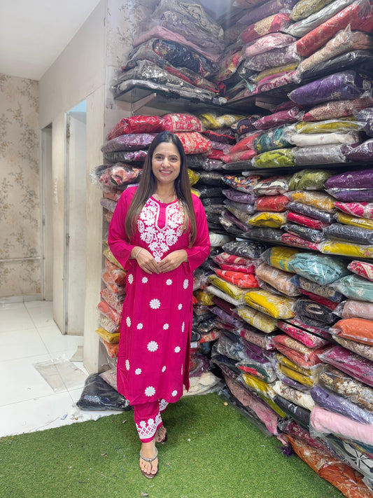Pure Viscose Rayon Lucknowi Work Set 2 Piece Rani Pink Color