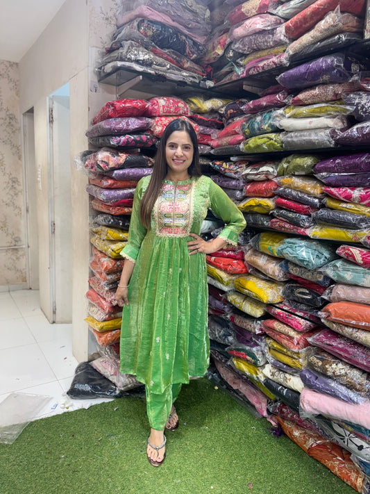 Pure Glass Tissue Handwork Anarkali 2pc Set Grass Green Color