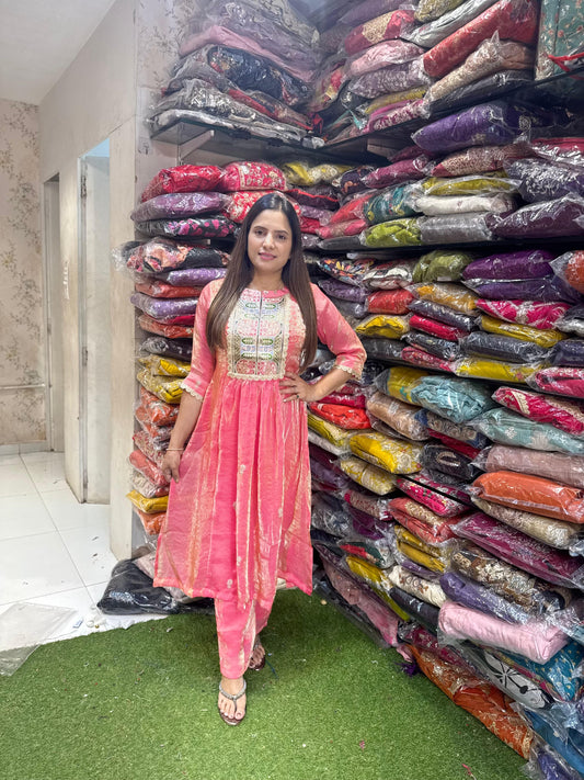 Pure Glass Tissue Handwork Anarkali 2pc Set Peach Color