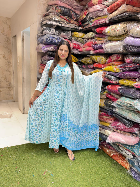 Pure Mull Cotton Shoulder Anarkali Floral Print Blue Color