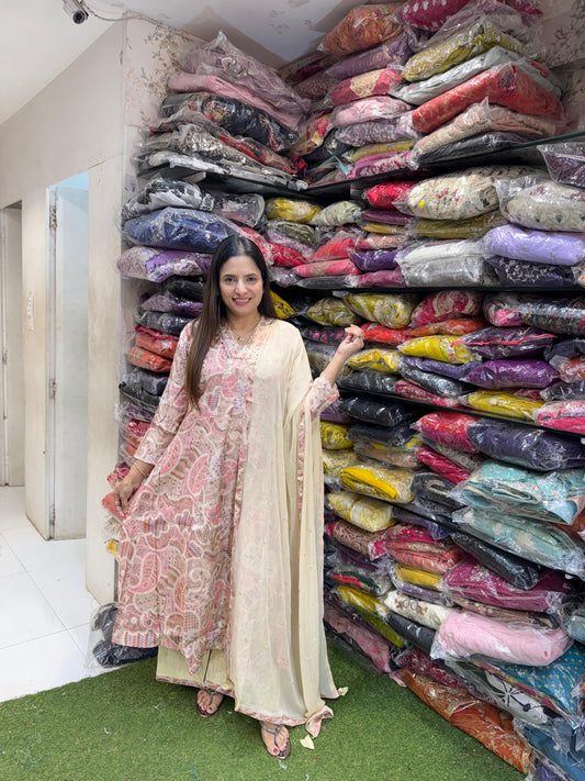 Pure Chanderi Silk Real Mirror Work Digital Print 3pc Set Divider Plazzo Party Wear Nude Color