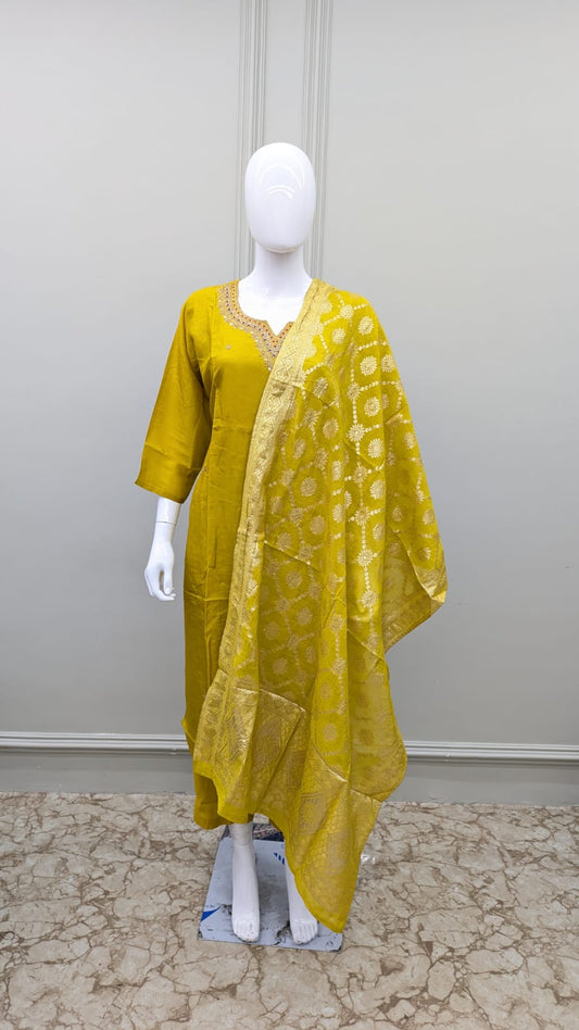 Pure Dola Silk Cutdana Handwork Party Wear 3pc Set Rani Yellow Color