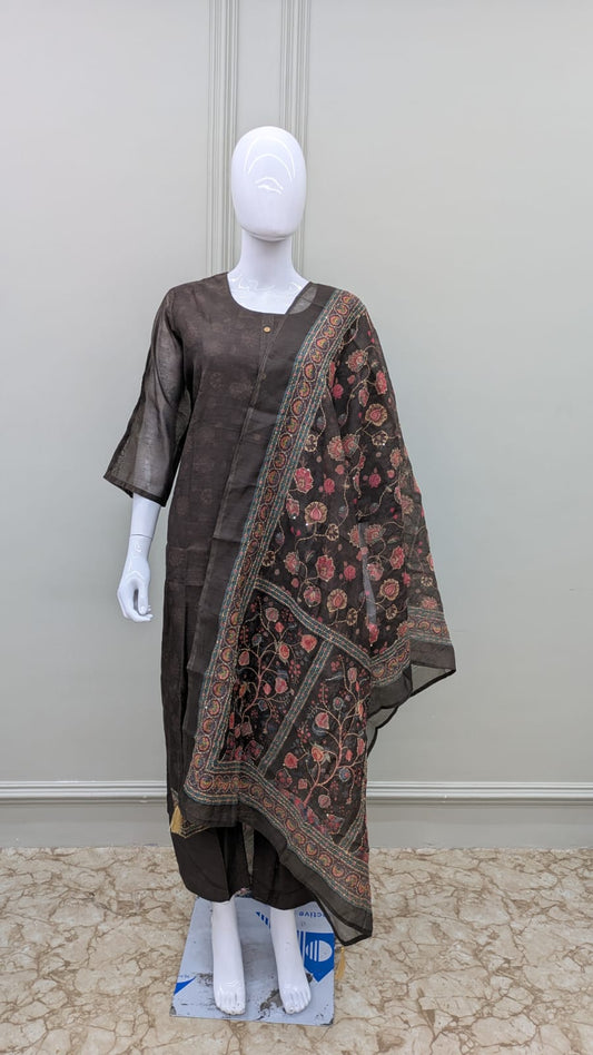 Pure Katha Fabric Detailing Work 3pc Set Chocalaty Color