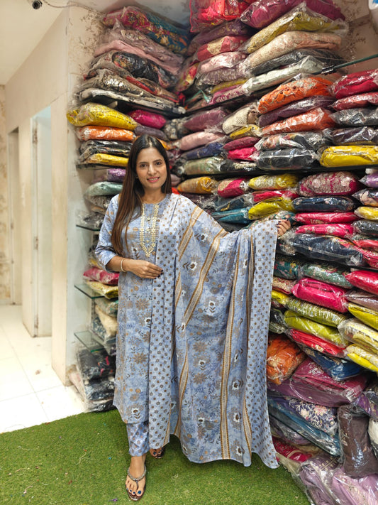 Pure Jaipuri Cotton Floral Print 3pc Set Light Blue Color