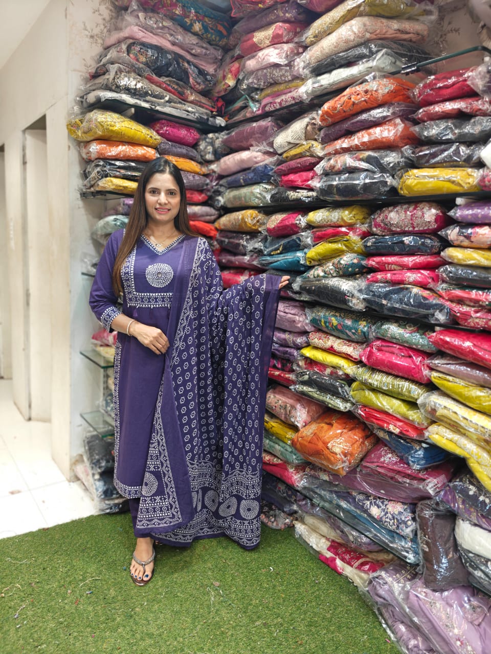 Pure Jaipuri Cotton Bandhej Print 3pc Set Purple Color