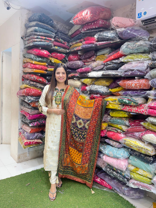 Pure Tissu Pechwai Work With all-over Jacquard Weaving 3 Pc suit Ivory Color