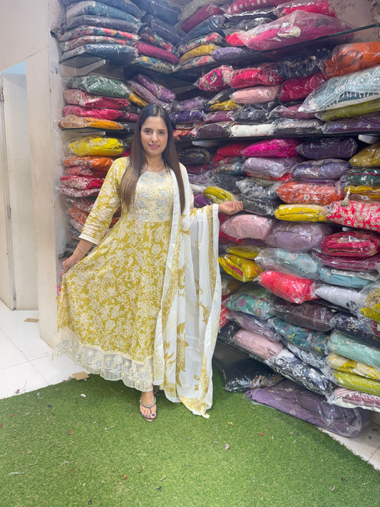 Pure Cotton Pearl and Thread Work Floral Print Anarkali 3pc Set Light Mahendi Green Color