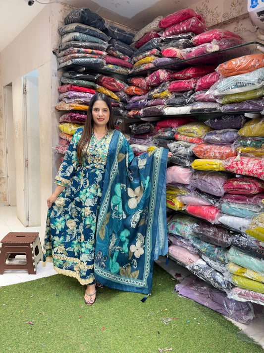 Pure Glace Mull Cotton Real Mirror Work Floral Print pakistani Anarkali 3pc Set Teal Blue Color