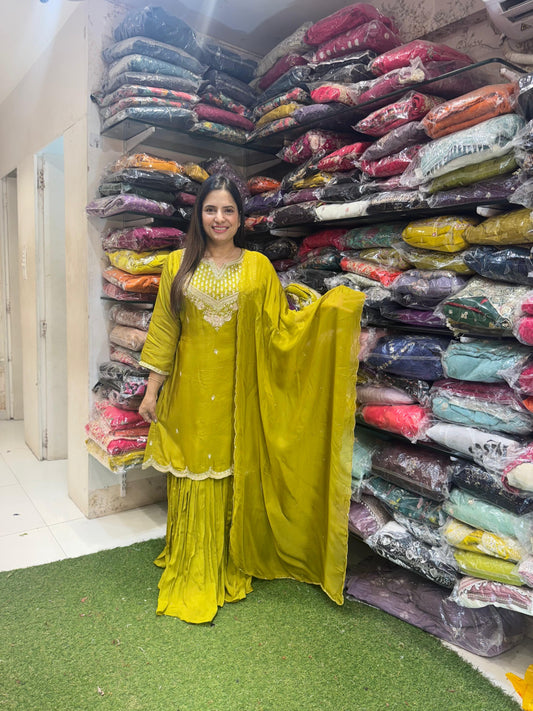 Pure Dola Silk Cutdana and Pearl Handwork Party Wear 3pc Set Mahendi Green Color