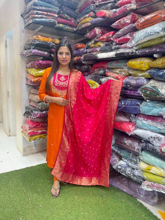 Pure Dola Silk Heavy Pearl Handwork Party Wear 3pc Set Orange Color