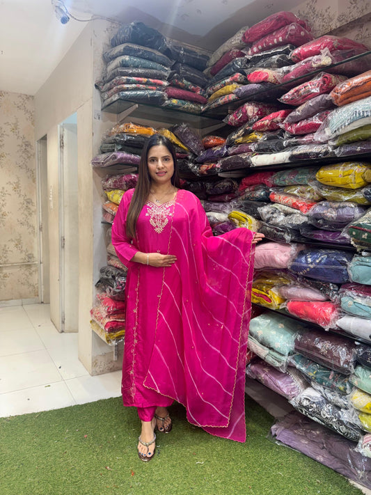 Pure Dola Silk Culcatta Pearl Handwork 3pc Set Pink Color