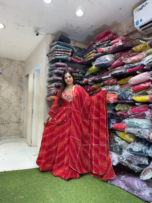 Pure Georgette Gotta patti Work Bandhani Leheriya 3pc Set Red Color