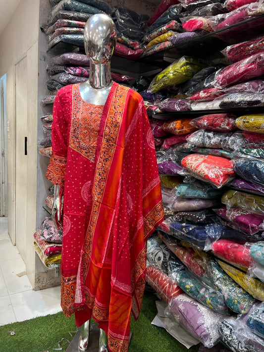 Pure HO Fabric Detailing Work Ajarak print 3pc Set Pink Color