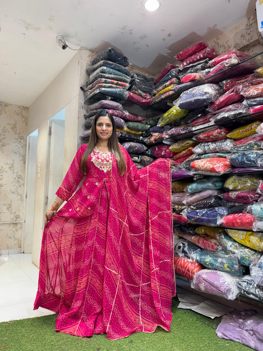 Pure Georgette Gotta patti Work Bandhani Leheriya 3pc Set Rani Pink Color