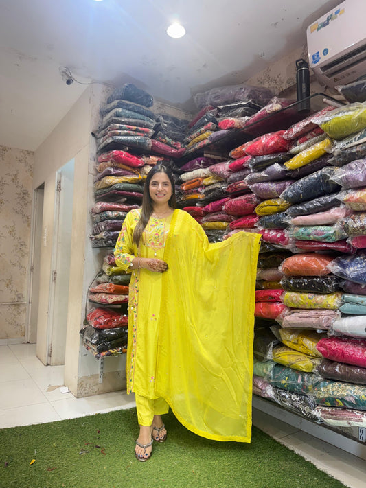 Pure Dola Silk Pearl Handwork Party Wear 3pc Set Lemon Yellow Color
