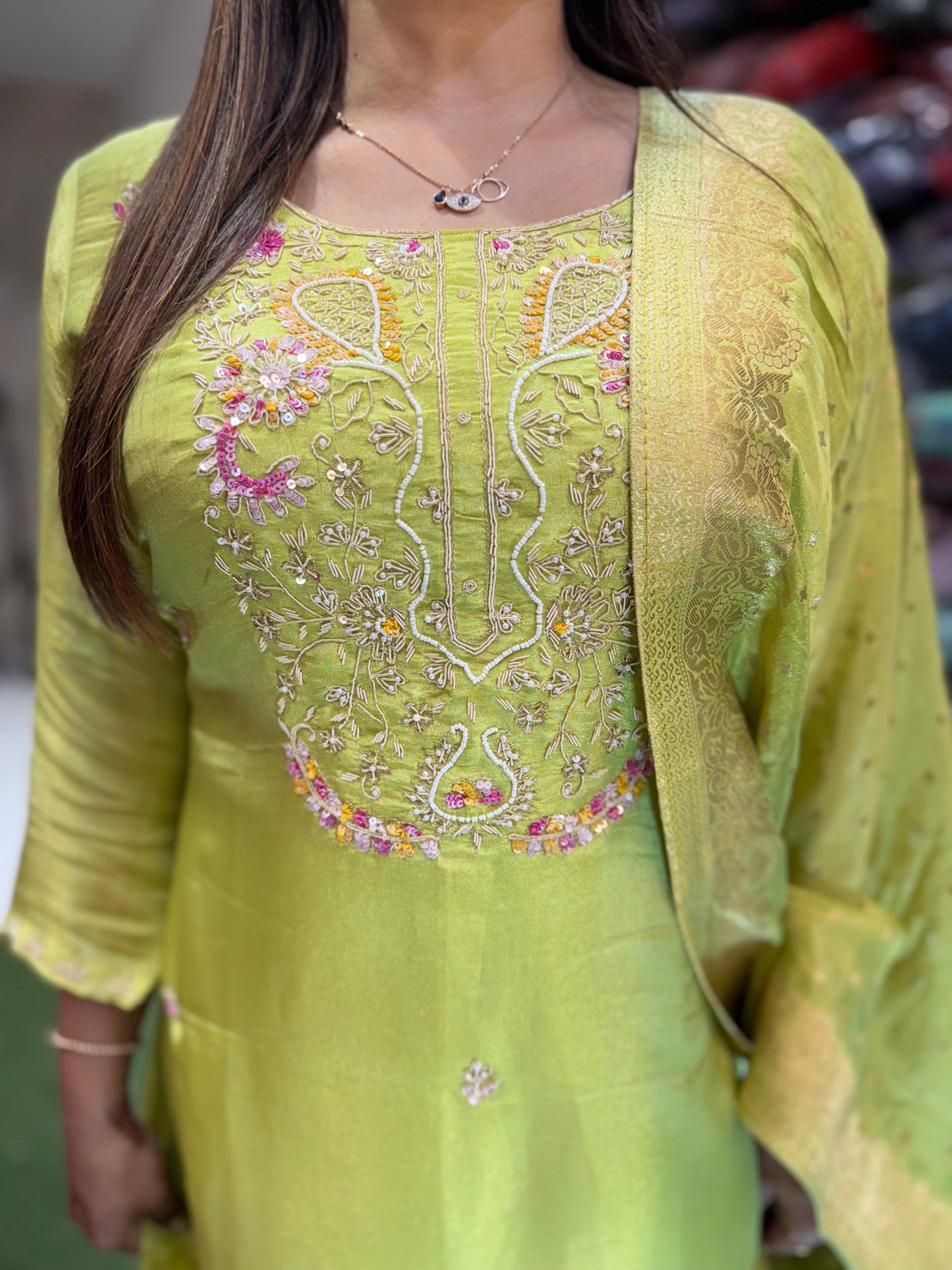 Pure Crush Tissue Culcatta Pearl Handwork Party Wear 3pc Set Pista Green Color
