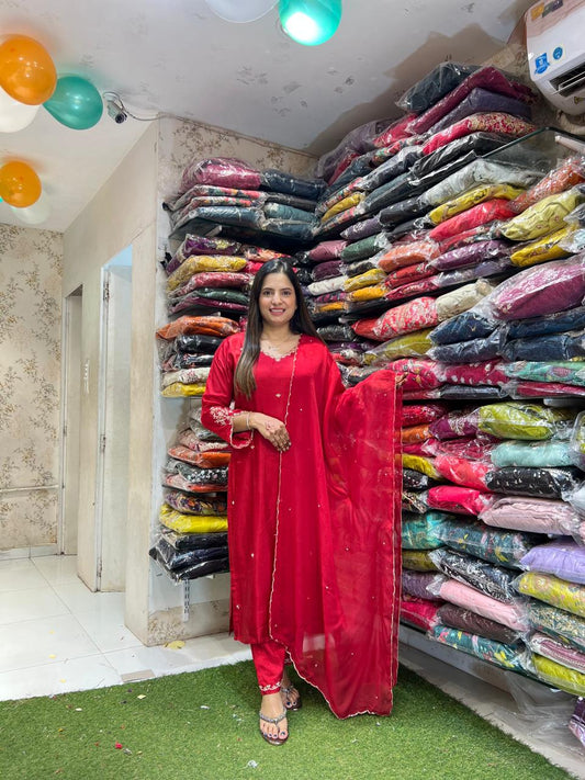 Pure Dola Silk Pearl Culcatta Handwork Party Wear 3pc Set Red Color