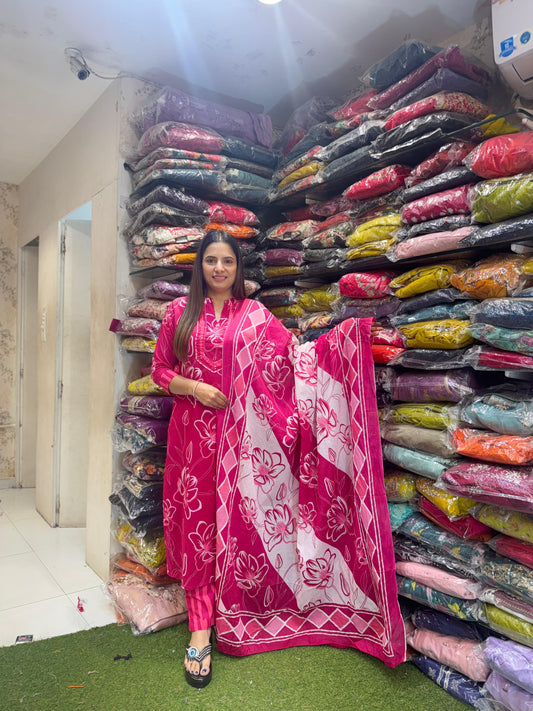 Pure Cotton Floral Print 3pc Set Rani Pink Color