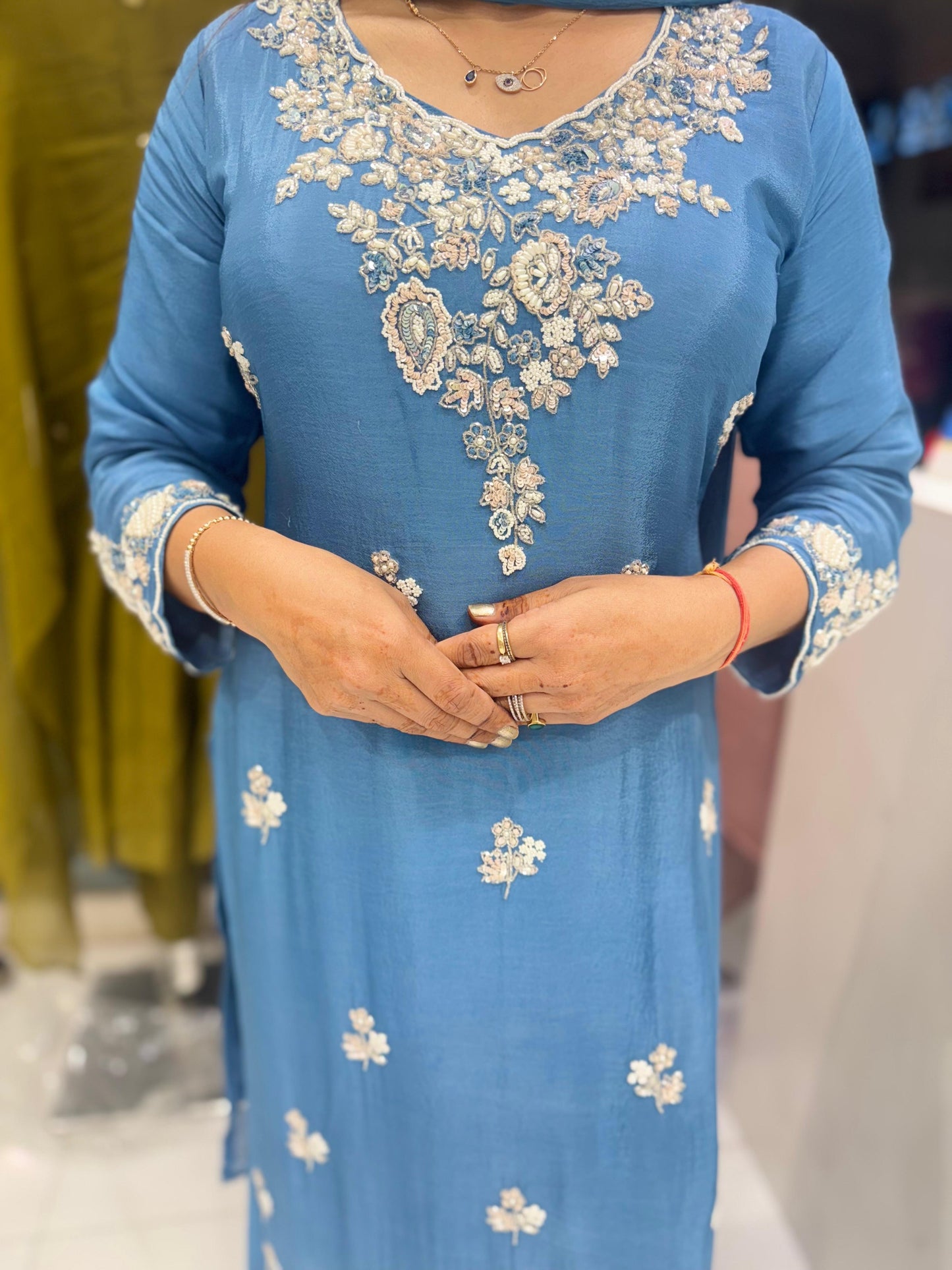 Pure Chinon Culcatta Handwork Party Wear 3pc Set Bottom Plazzo Blue Color