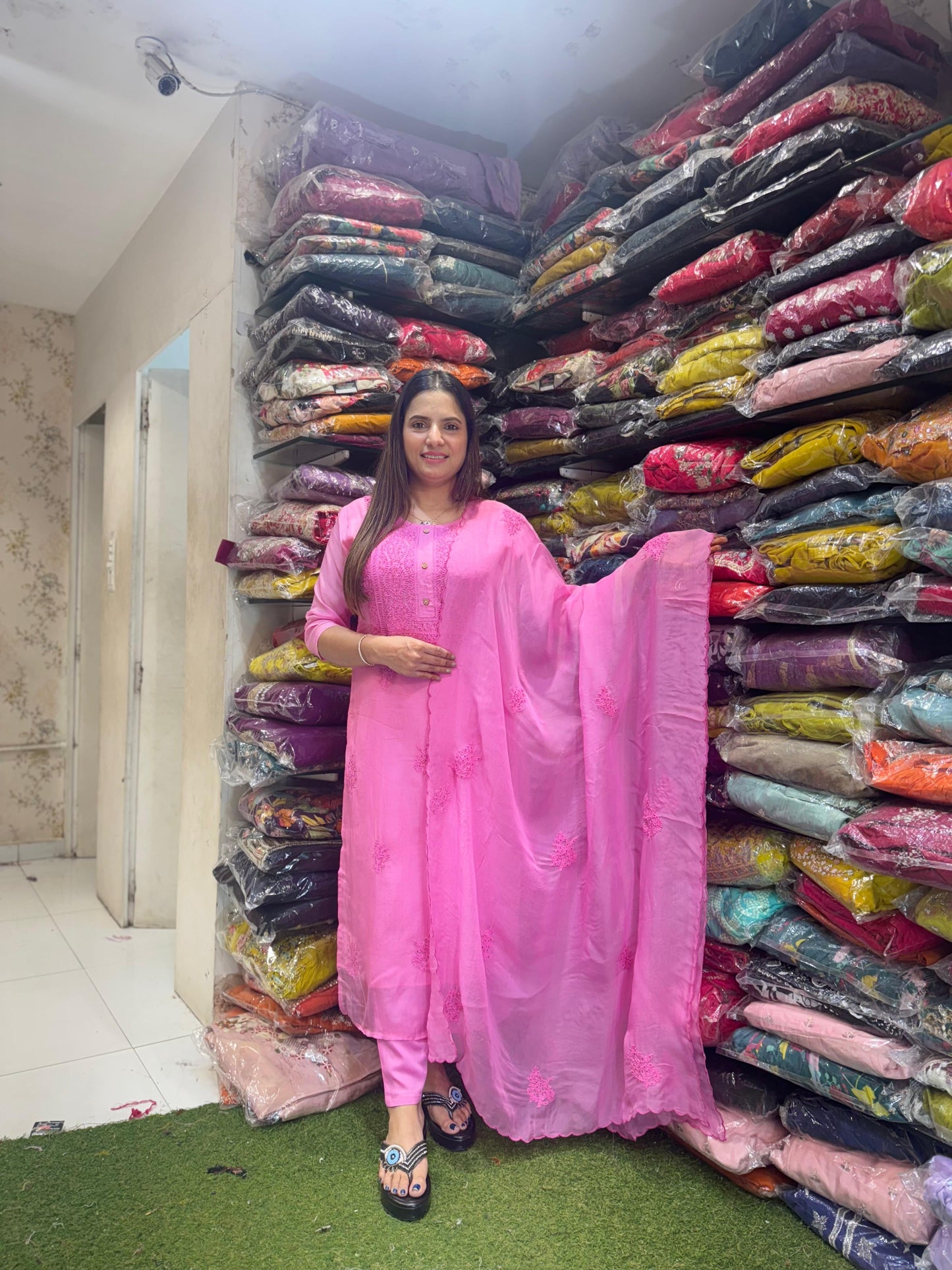 Pure Viscoce Organza Katha Work Party Wear 3pc Set Pink Color