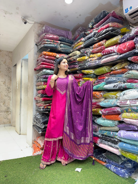 Pure Russian Silk Sequence Work 3pc Set Bottom Garara Rani Pink Color