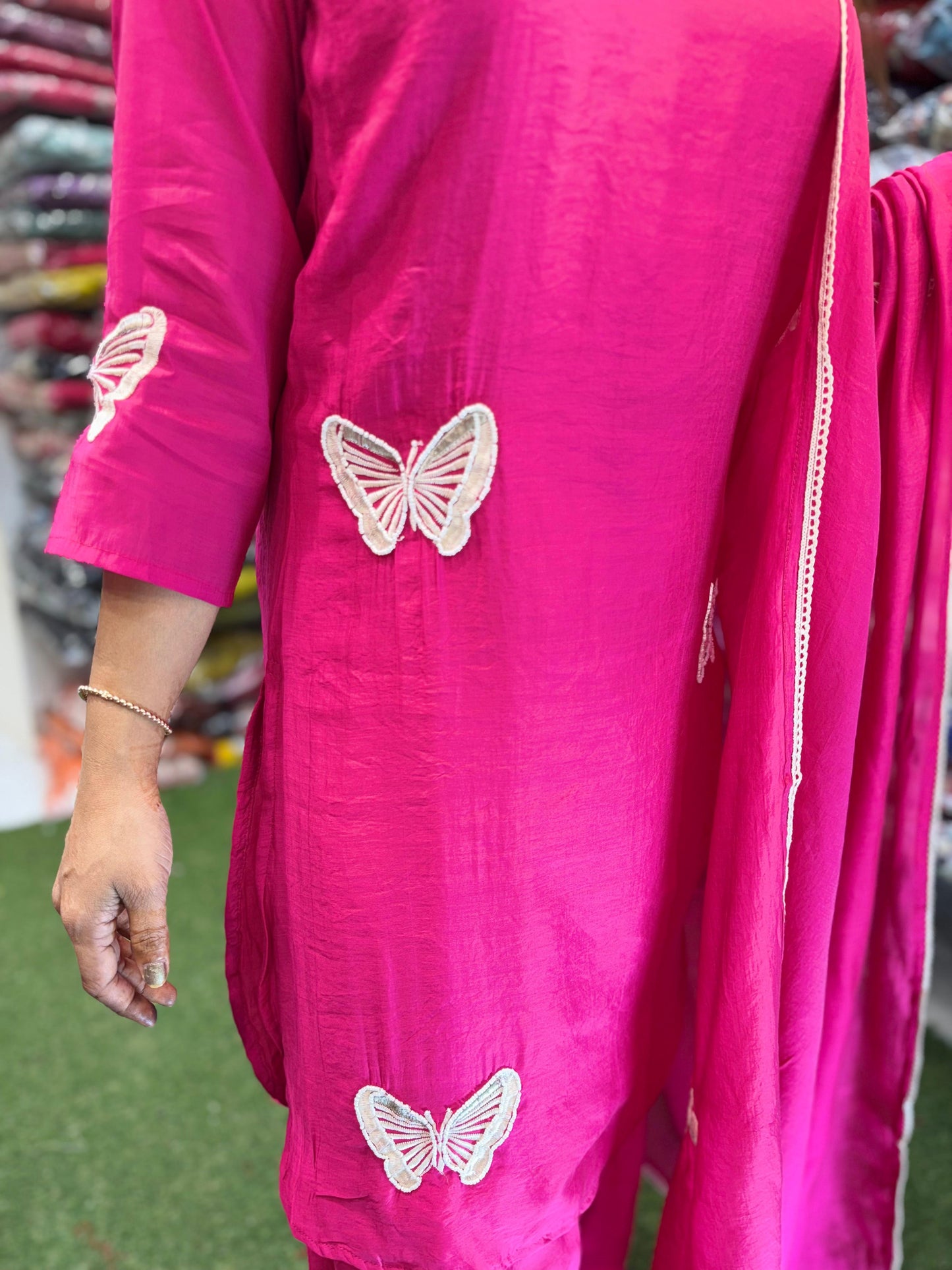 Pure Surat Mull Chanderi Pearl Handwork Party Wear Farsi Salwar 3pc Set Rani Pink Color