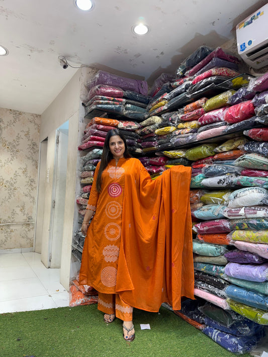 Pure Sily Cotton Detailing Work 3pc Set Rust Orange Color