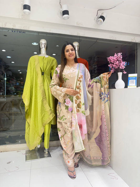Pure Muslin Cotton Applique Work Digital Print Farsi Salwar Pakistani Style 3pc Set Beige Color