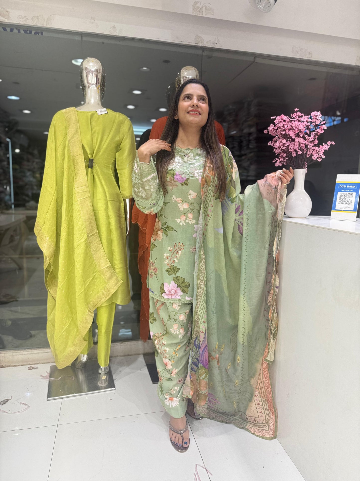 Pure Muslin Cotton Applique Work Digital Print Farsi Salwar Pakistani Style 3pc Set Green Color