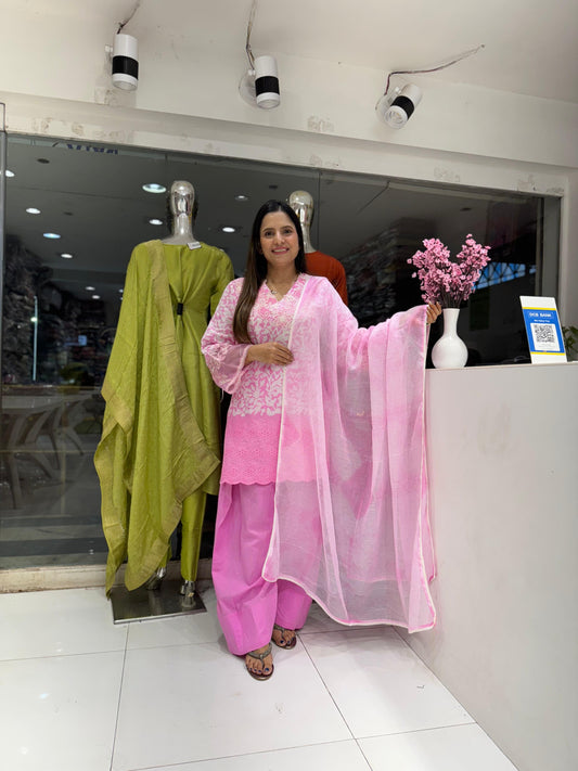 Pure Cotton Applique Work Batik Print Farsi Salwar 3pc Set Baby Pink Color