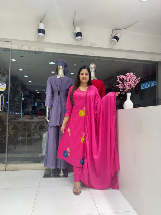 Pure Cotton Embrodeiry Work 3pc Set Rani Pink Color