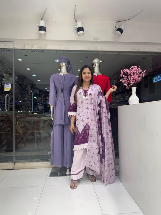 Pure Cotton Floral Print Tussle Work Party Wear Farsi Salwar 3pc Set Purple Color
