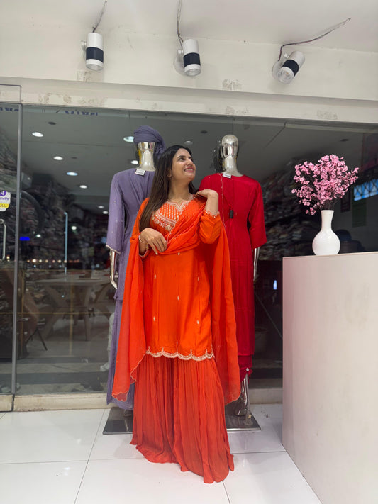 Pure Dola Silk Culcatta Pearl Handwork Festival Wear 3pc Set Rust Orange Color