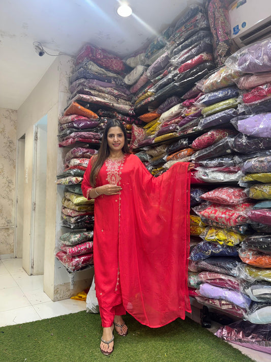 Pure Dola Silk Cutdana Heavy Handwork Party Wear 3pc Set Red Color