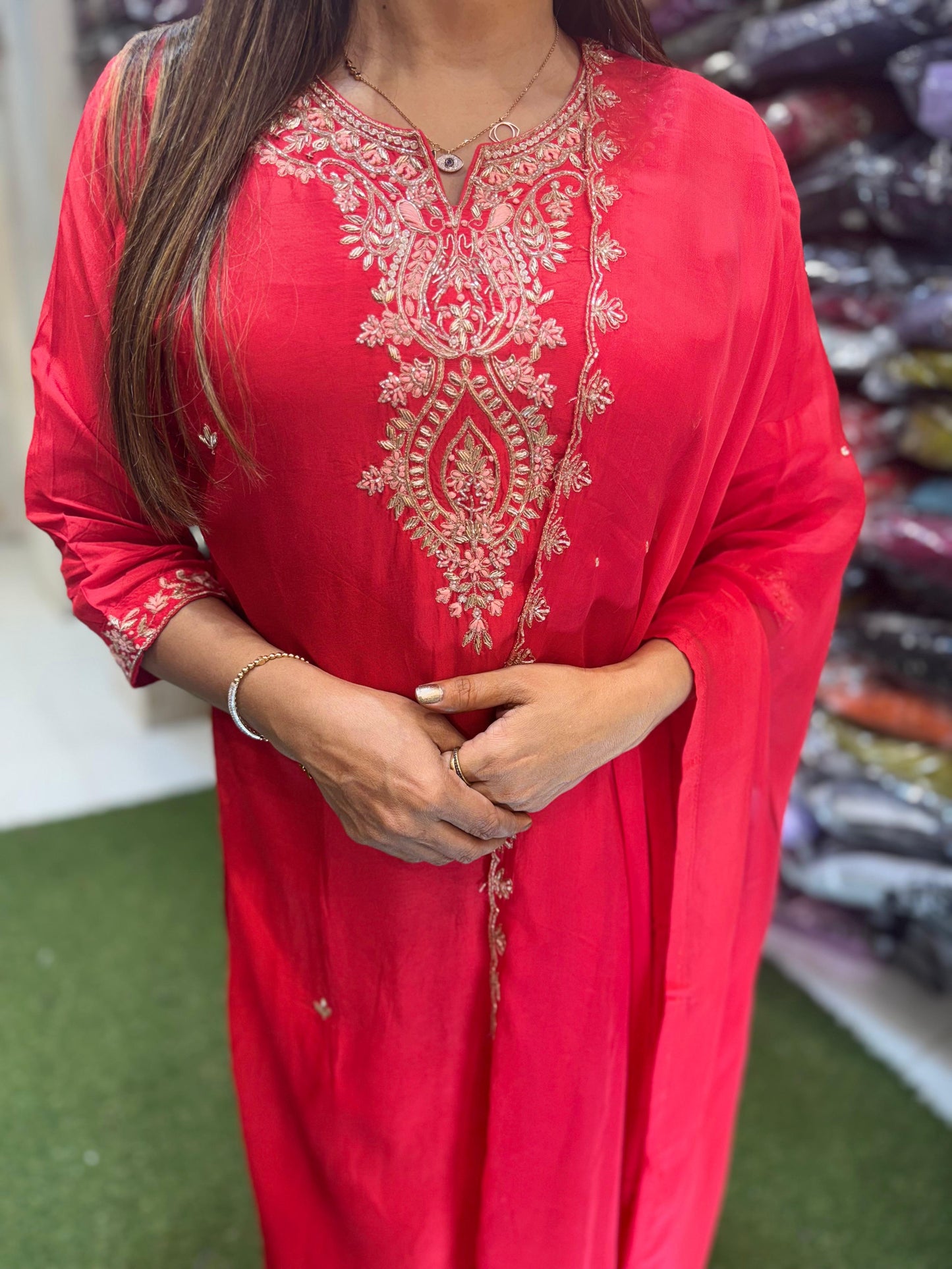Pure Dola Silk Cutdana Heavy Handwork Party Wear 3pc Set Red Color