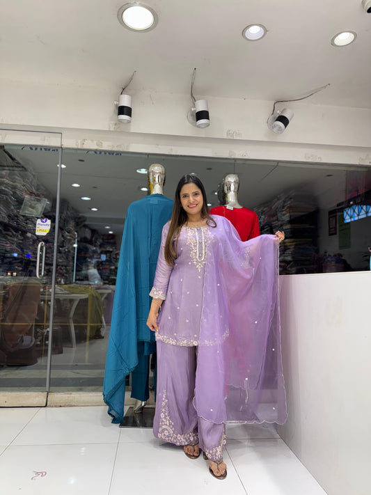 Pure Simmer Tissue Pearl and Cutdana Heavy Handwork Party Wear 3pc Set Purple Color