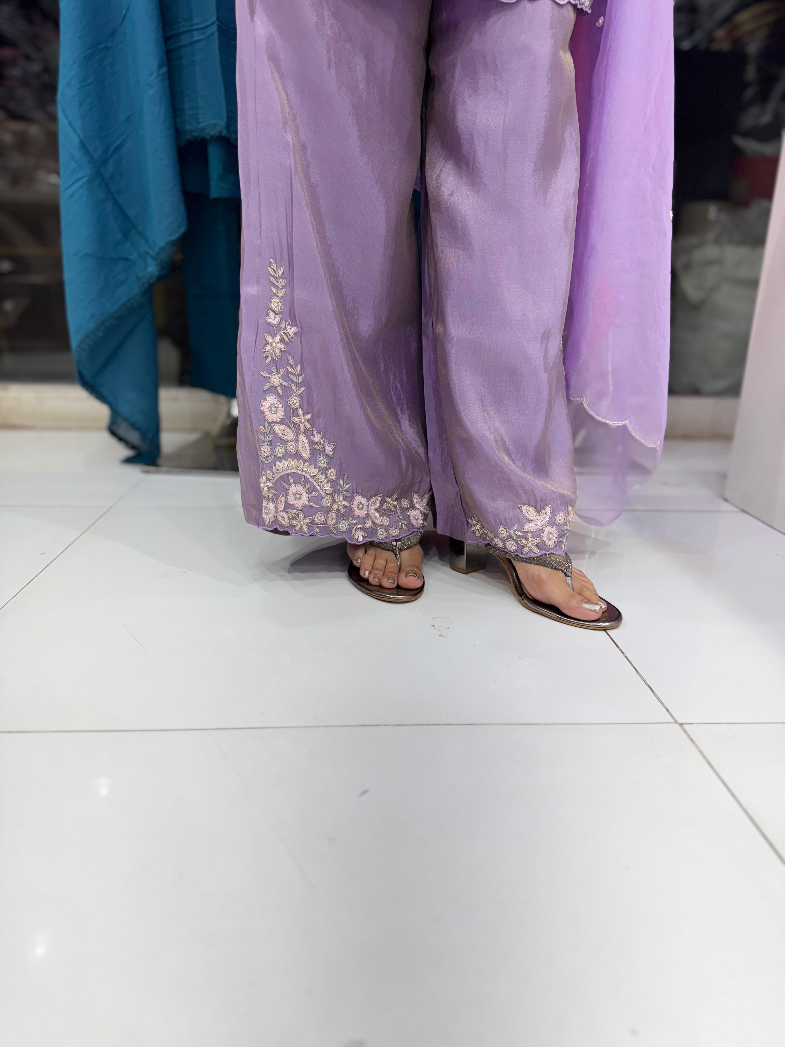 Pure Simmer Tissue Pearl and Cutdana Heavy Handwork Party Wear 3pc Set Purple Color