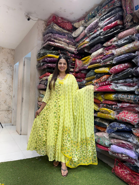 Pure Mull Cotton Shoulder Anarkali Floral Print 3pc Set Yellow Color