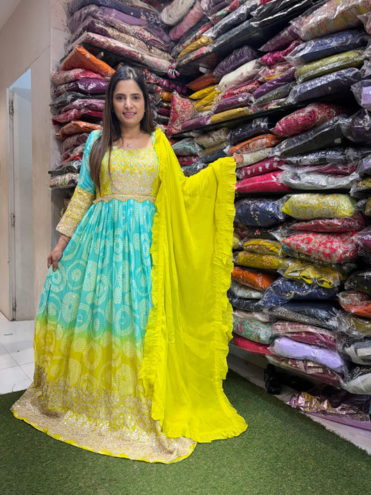 Pure Chinon Handwork Party Wear Gown Multi Color