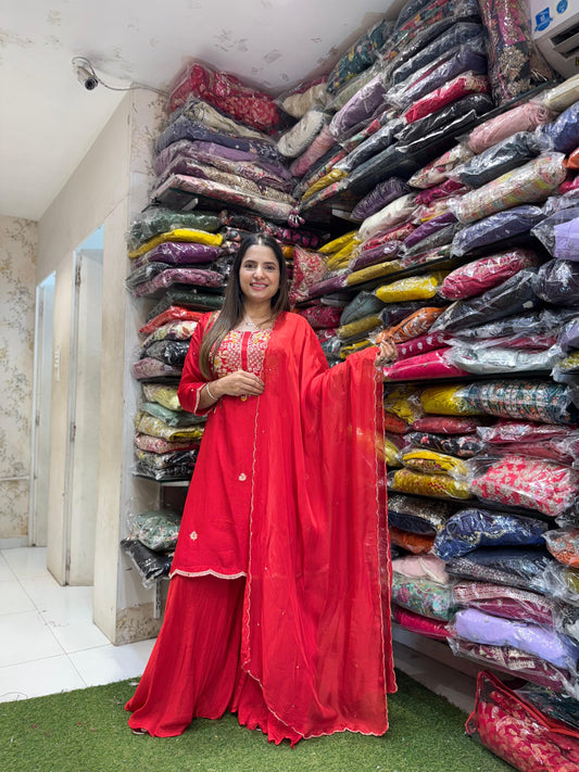 Pure Dola Silk Pearl Handwork Party Wear 3pc Set Blood Red Color