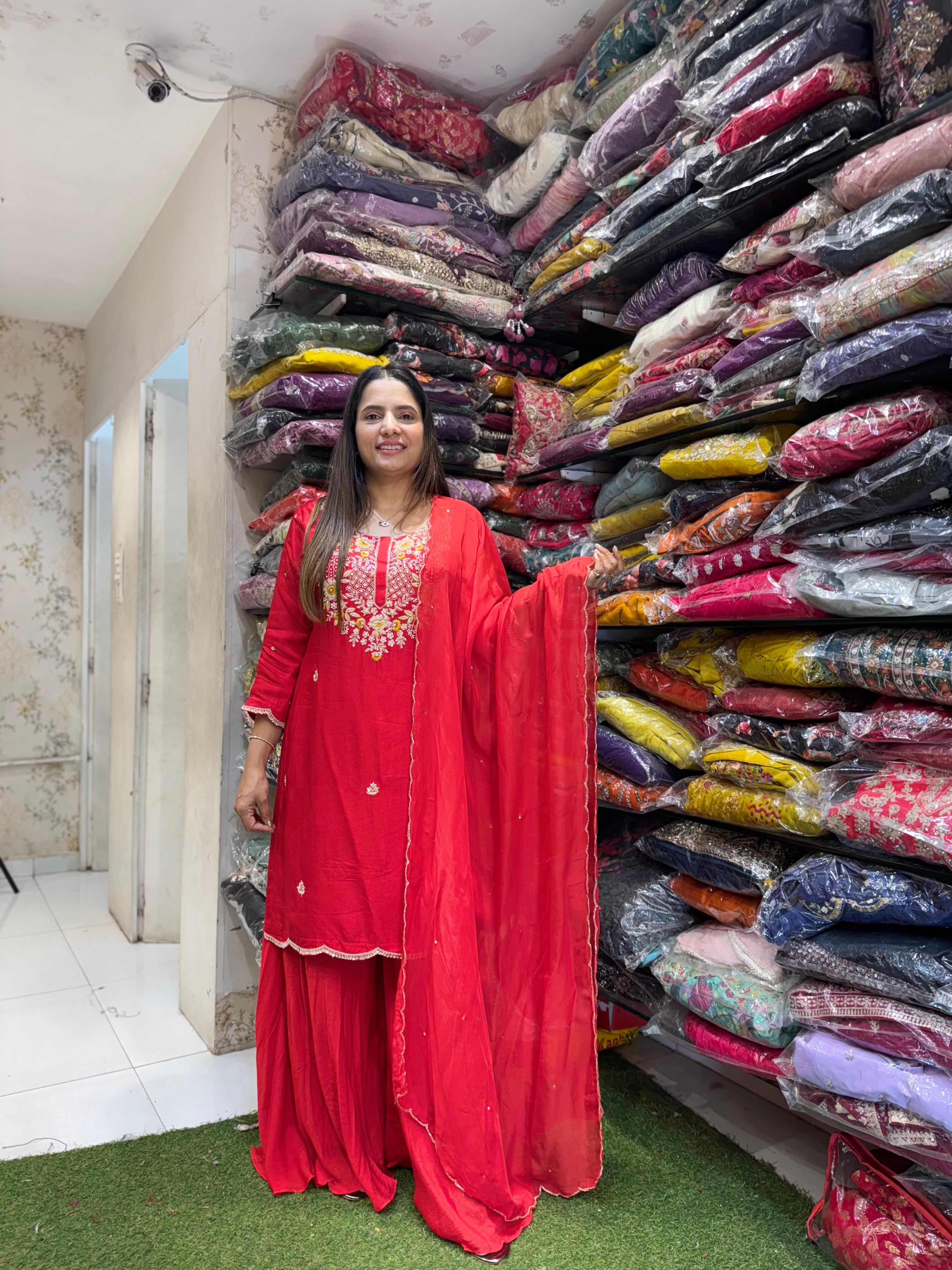 Pure Dola Silk Pearl Handwork Party Wear 3pc Set Blood Red Color