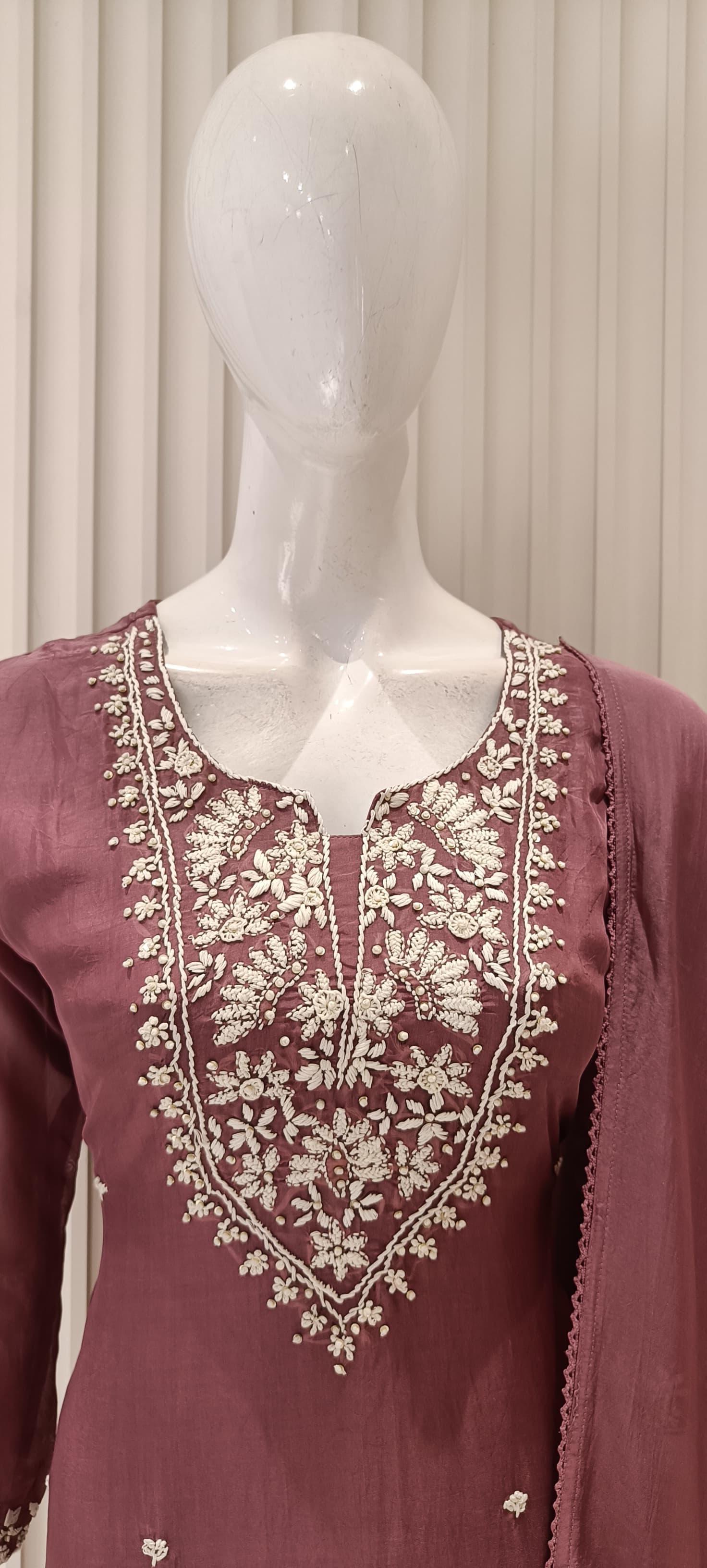 Pure Viscoce Organza Katha Work Party Wear 3pc Set Light Lavender Color