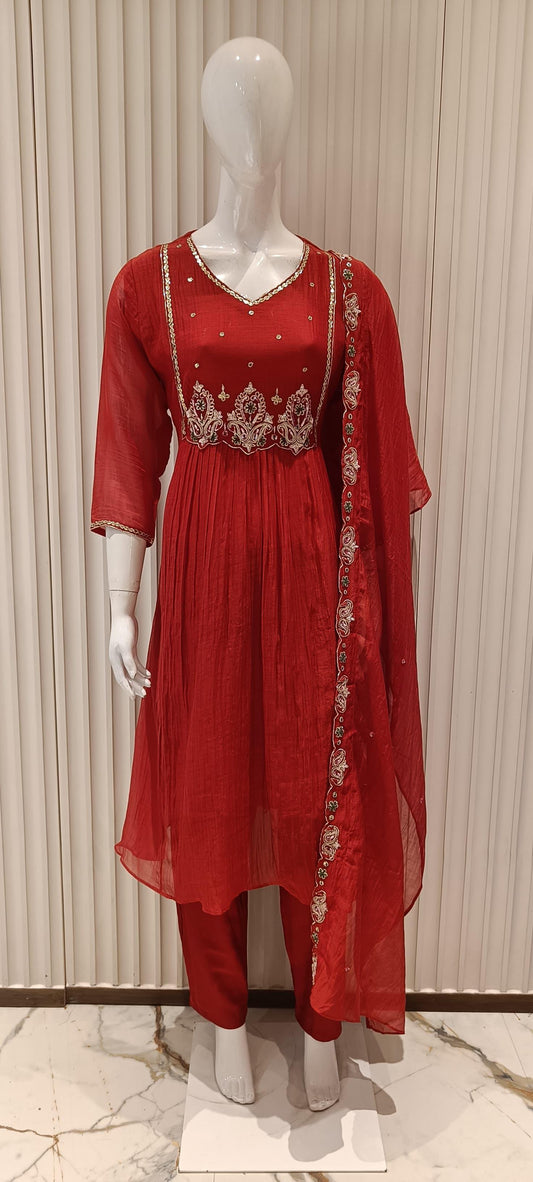Pure Mull Chanderi Detailing Work 3pc Set Red Color