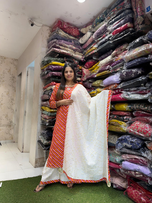 Pure Cotton Gotta Patti Work Leheriya Print 3pc Set Red Color